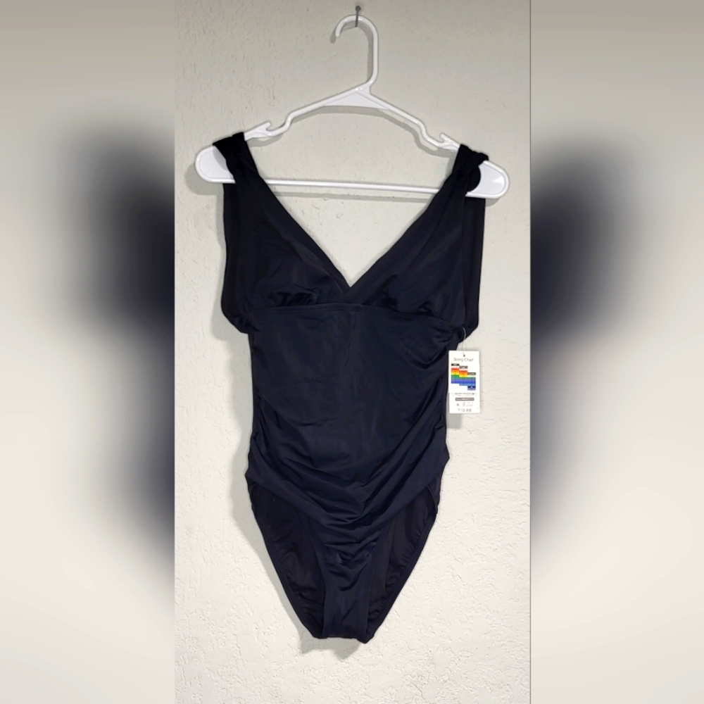 Time and Tru Black Shirring Slimming silhouette Swimsuit Size S (4-6)